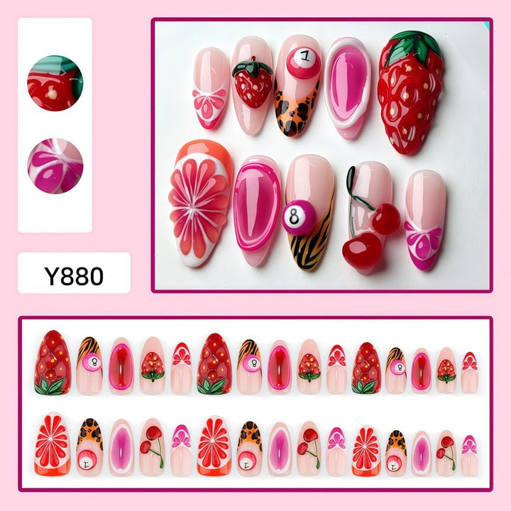Artificial nails with fruity motifs andGloss finish Bowlift