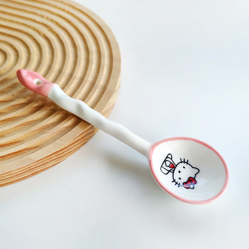 Ceramic soup spoon with lucky cat illustration and ergonomic long-handle Bowlift