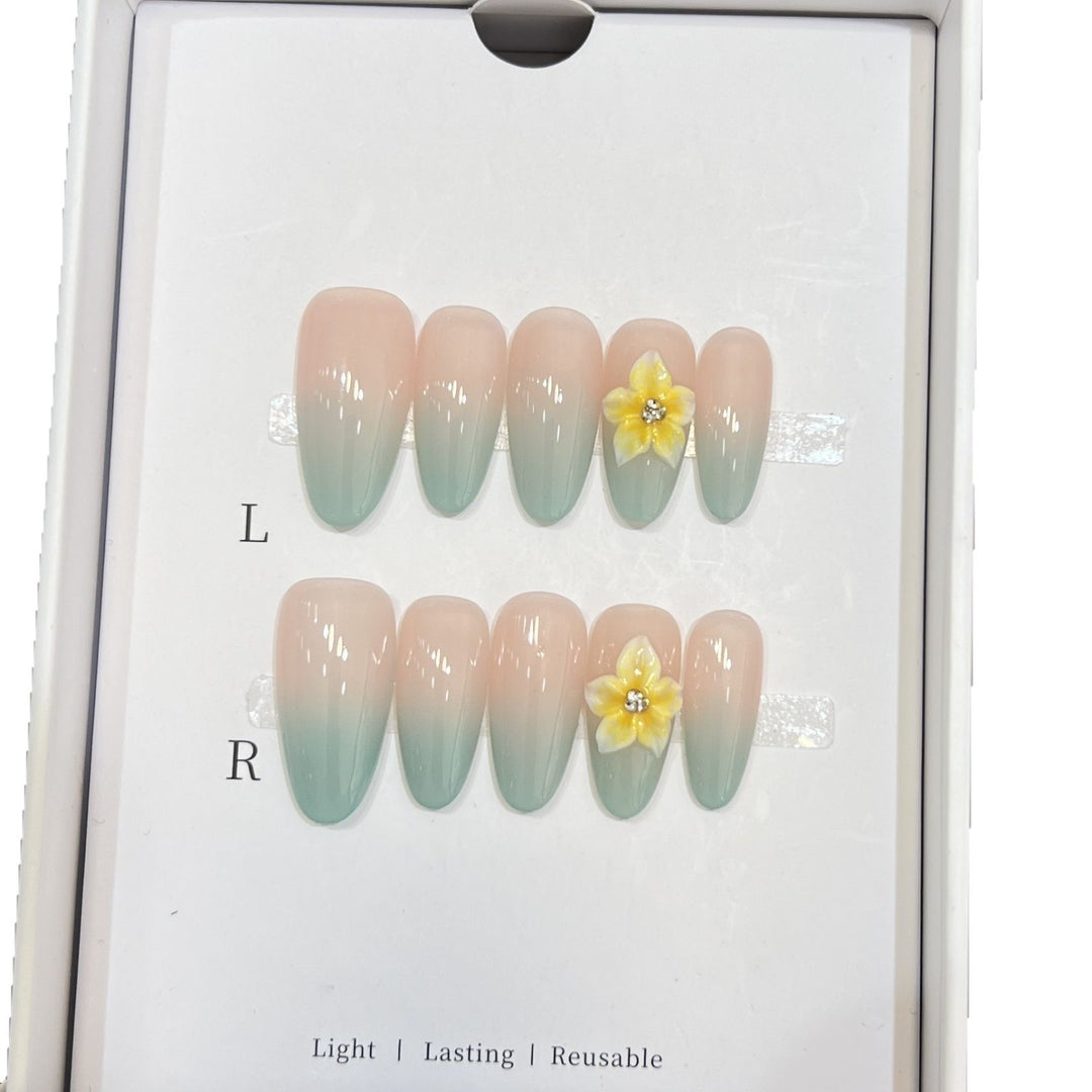 Elegant Ombre Press-On Nail Set with Floral Accents Bowlift