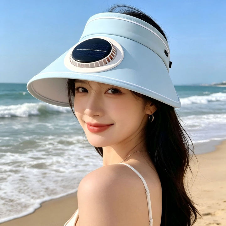 Lightweight foldable sunshade with integrated solar module and quiet fan Bowlift