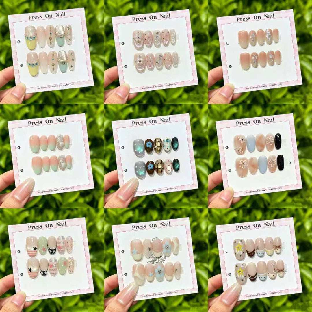 Artistic Press-On Nail Set with Floral and Graphic Designs