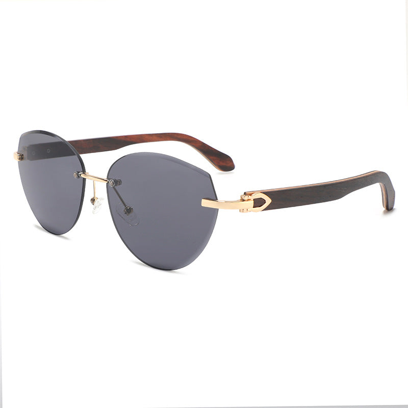 Rimless oversized cat eye polarized sunglasses with wood-effect temples Bowlift
