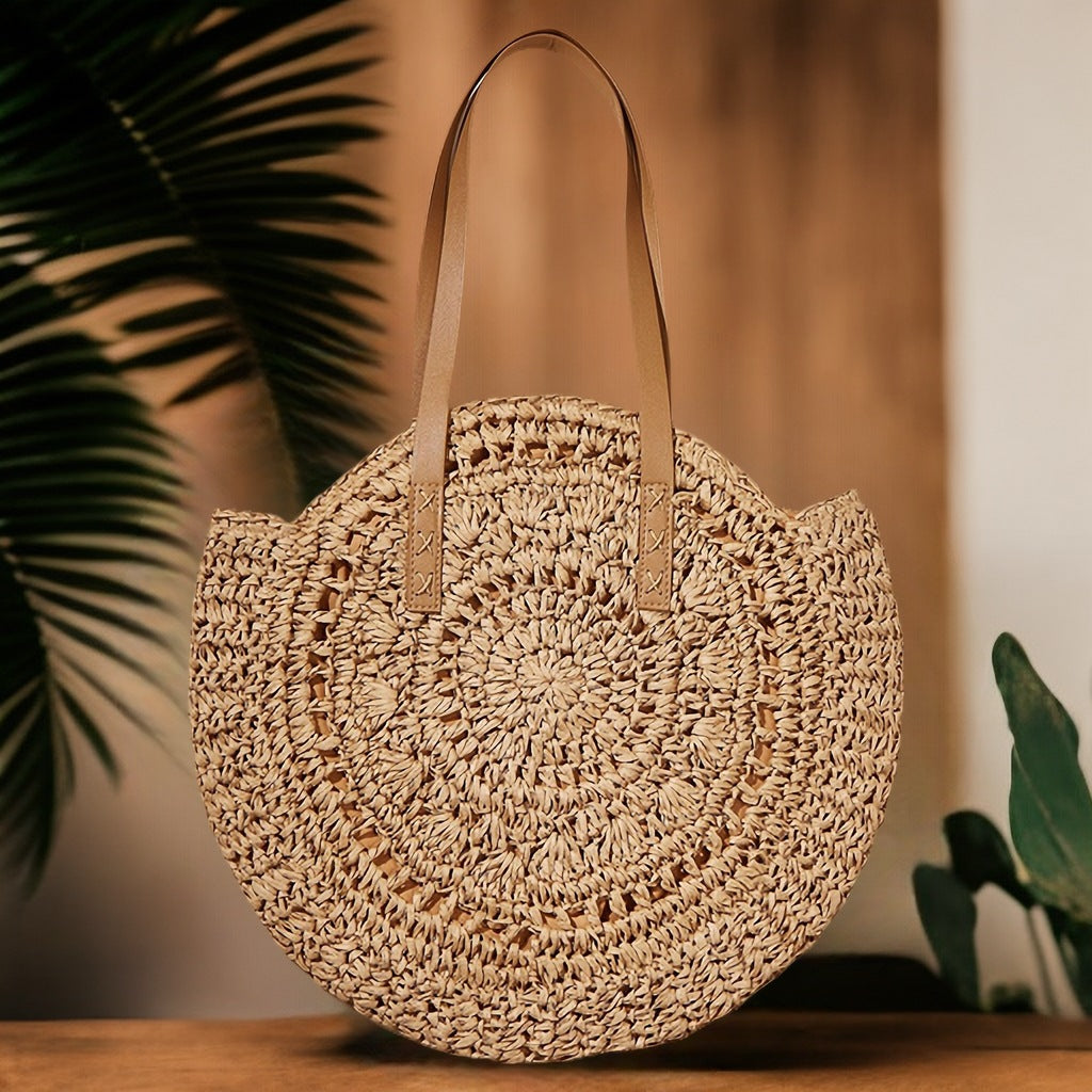 Handcrafted Round Straw Bag with Elegant Leather Handles Bowlift