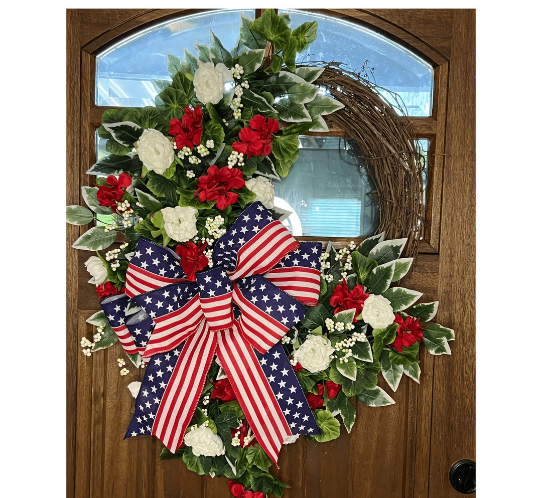 Unisex nan patriotic Americana grapevine front door wreath with oversized star-spangled bow and realistic silk floral accents Bowlift