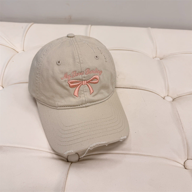 Women's Distressed Cotton Baseball Cap with Bow Embroidery Bowlift