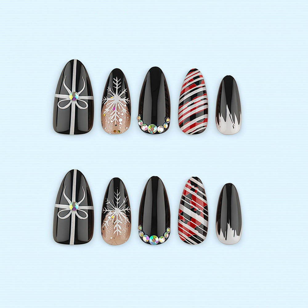 Artificial nail set with festive design and glitter accents Bowlift