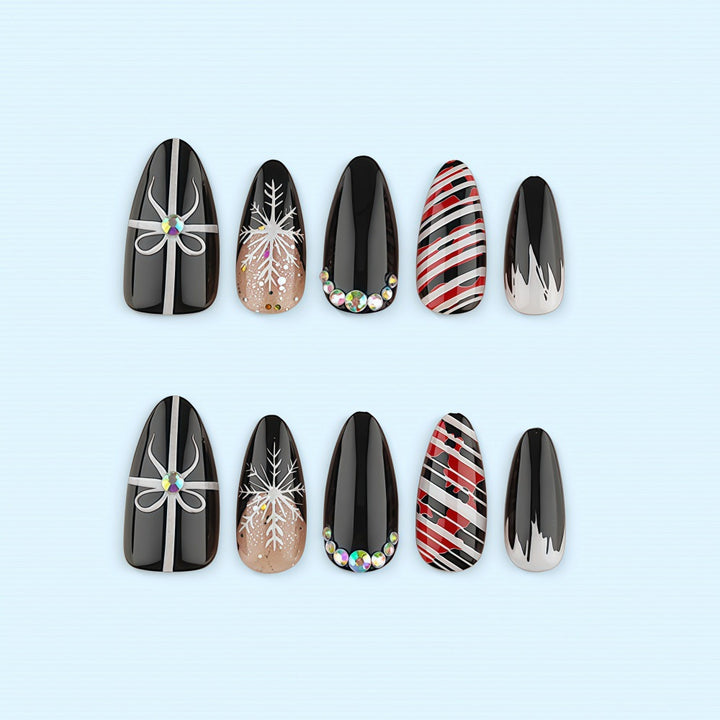 Artificial nail set with festive design and glitter accents Bowlift
