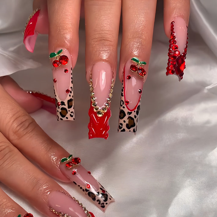 Decorative Long Press-On Nail Set with Gemstone and Floral Accents Bowlift