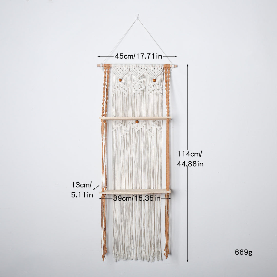 Macrame Hanging Wall Shelf Organizer With Tiered Wooden Ledges And Decorative Fringe
