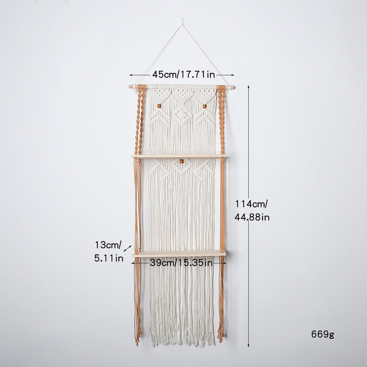 Macrame Hanging Wall Shelf Organizer With Tiered Wooden Ledges And Decorative Fringe
