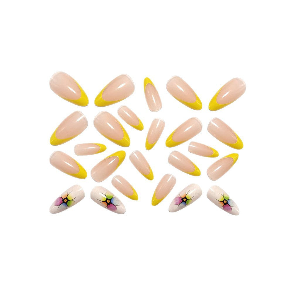 Artificial nails with colorful floral designs and striking color accents Bowlift