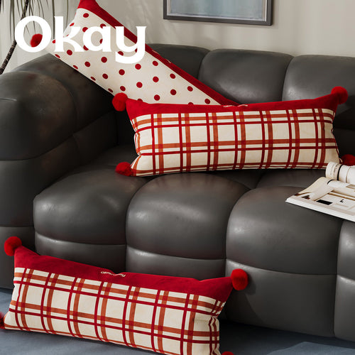 Decorative Long Lumbar Cushion Cover with Striped and Polka Dot Print and Corner Pom-Poms