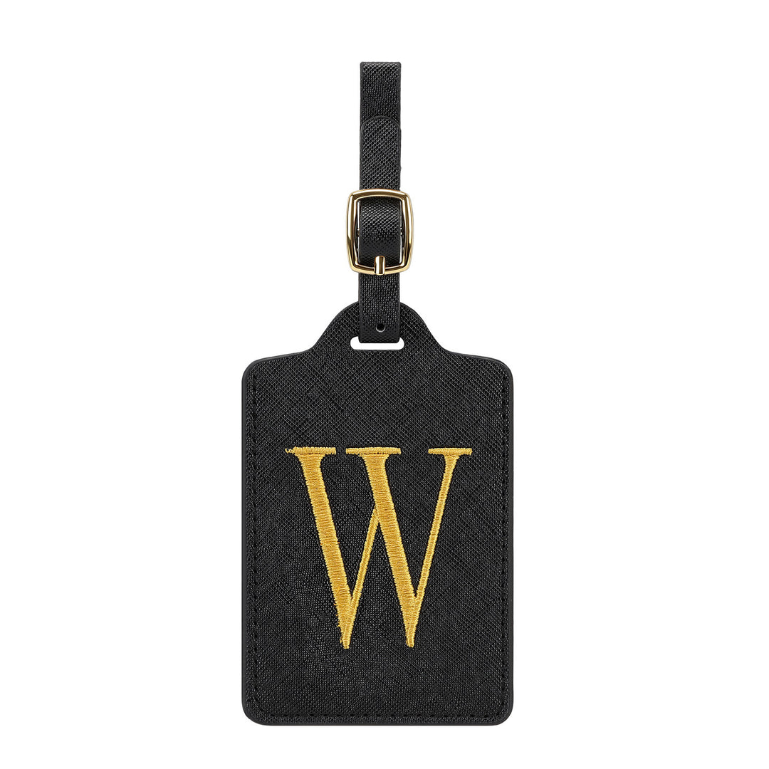 embroidered initial monogram leather luggage tag with adjustable buckle strap Bowlift
