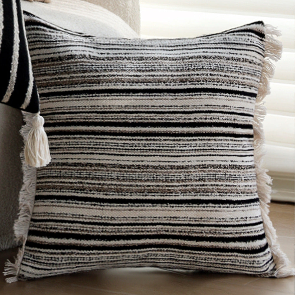 Woven home decor pillow cover with fine striped texture and hand-fringed edge Bowlift