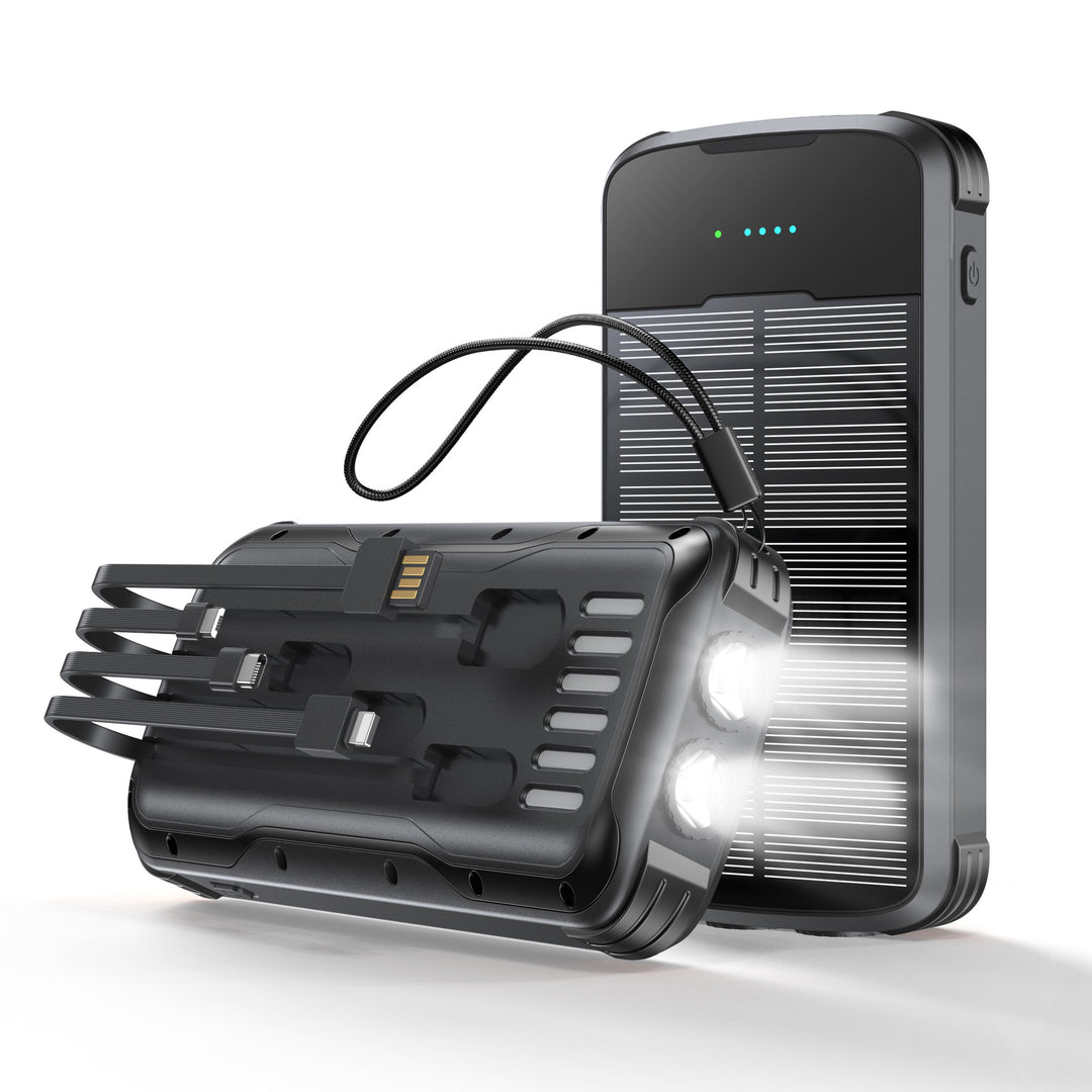Rugged portable solar power bank with integrated LED flashlight and multi-tip charging cable Bowlift