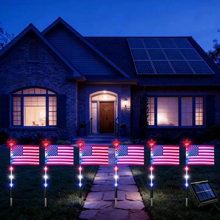 Unisex solar-powered ground spikes with mini flags and glowing star LEDs Bowlift