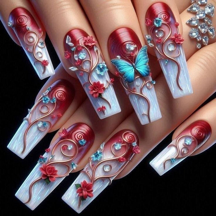 Artificial nails with floral 3D applications and glitter accents Bowlift