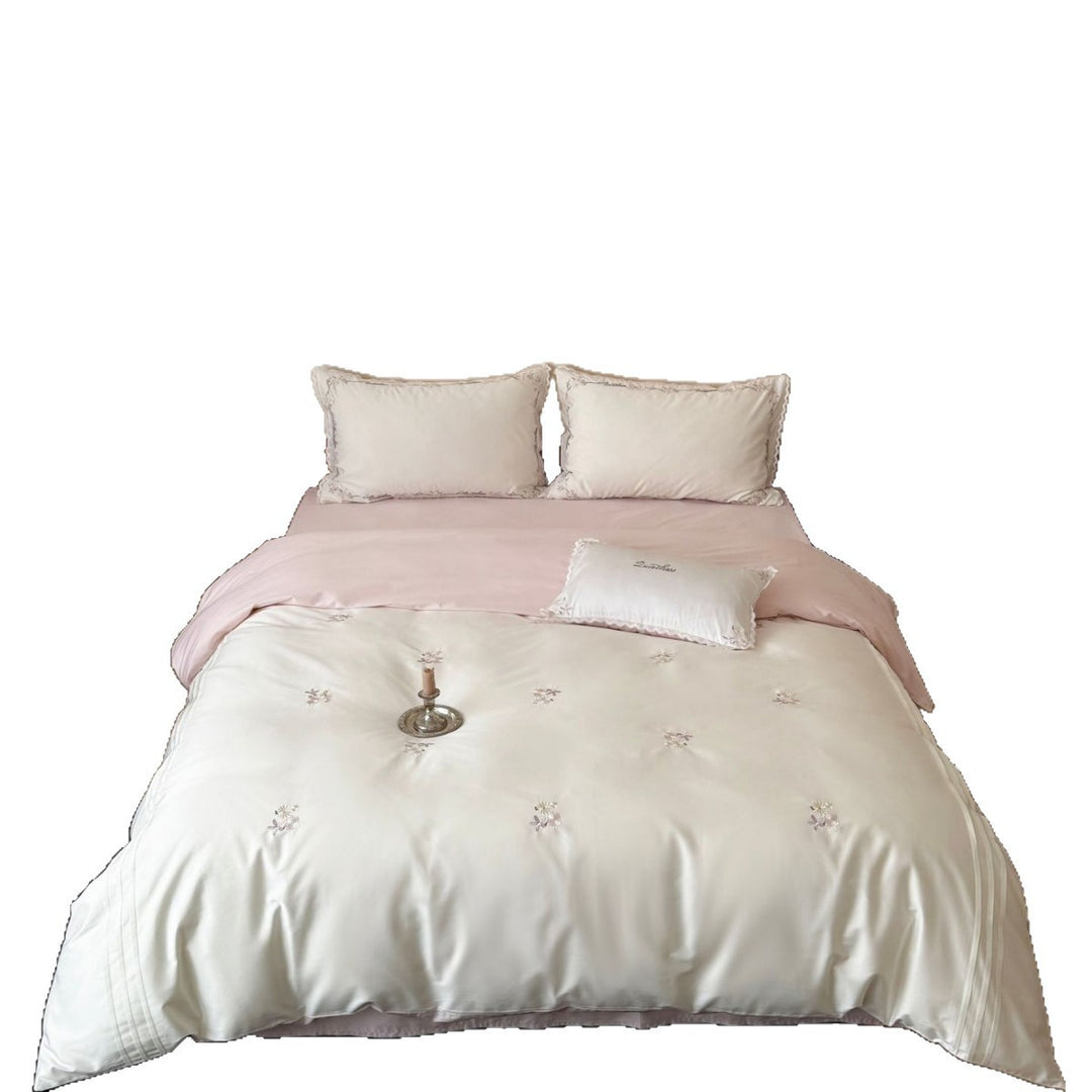 Luxurious fine cotton satin bedding set with delicate flower embroidery and frill pillow Bowlift