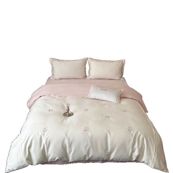 Luxurious fine cotton satin bedding set with delicate flower embroidery and frill pillow Bowlift