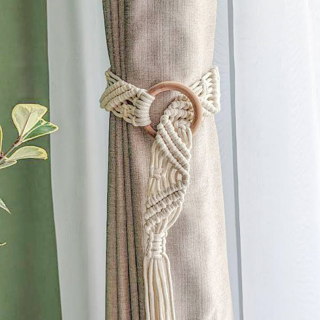 Macrame Curtain Tieback with Wooden Ring Bowlift