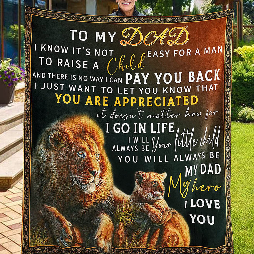 Sentimental Fleece Throw Blanket With Lion And Cub Graphic And Heartfelt Message For Dad