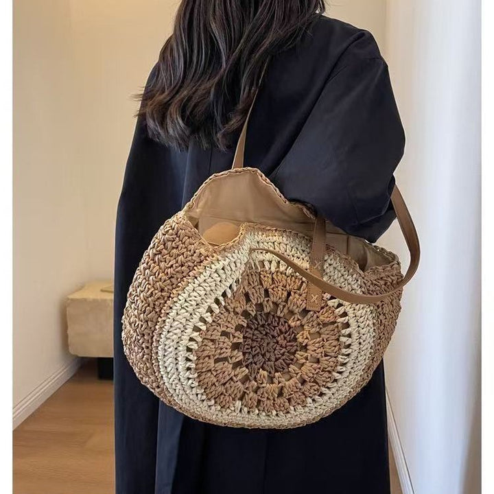 Macrame Beach Bag with Brown Leather Handles Bowlift