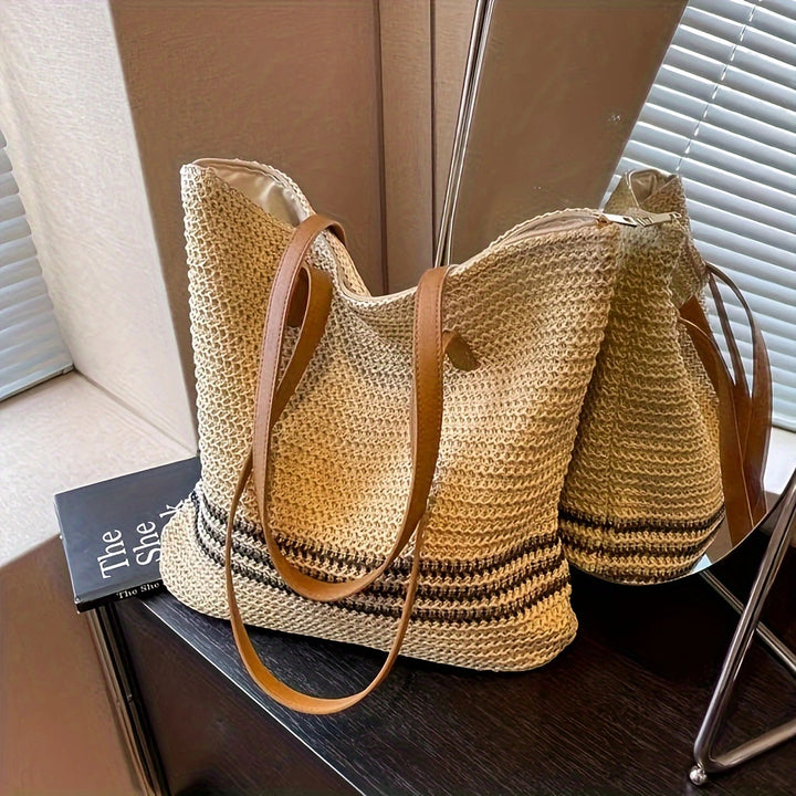Fashionable Bast and Leather Tote Bag Bowlift