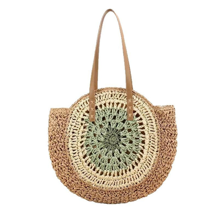 Macrame Beach Bag with Brown Leather Handles Bowlift