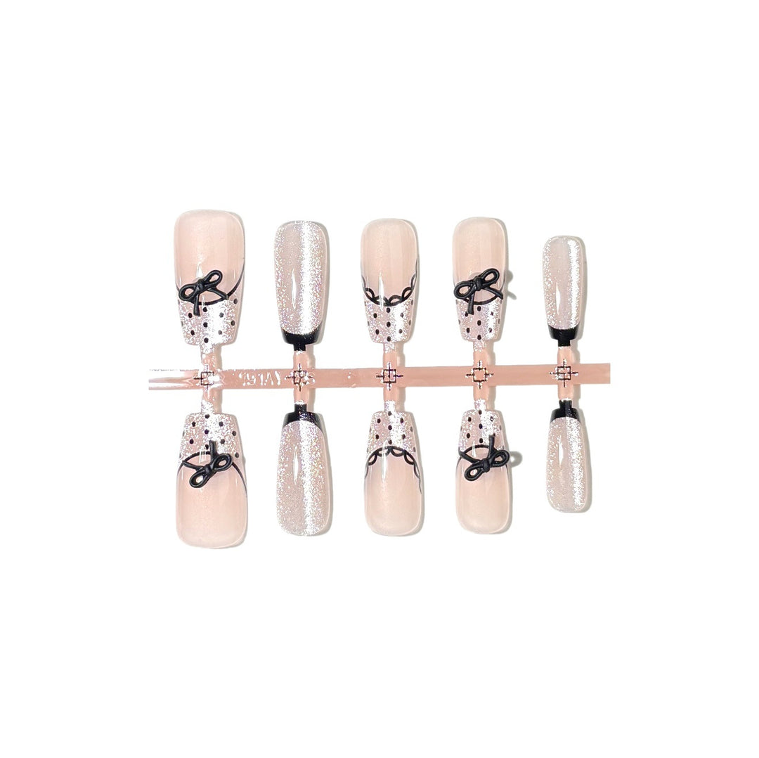 Decorative Press-On Nail Set with Elegant Bow Accents