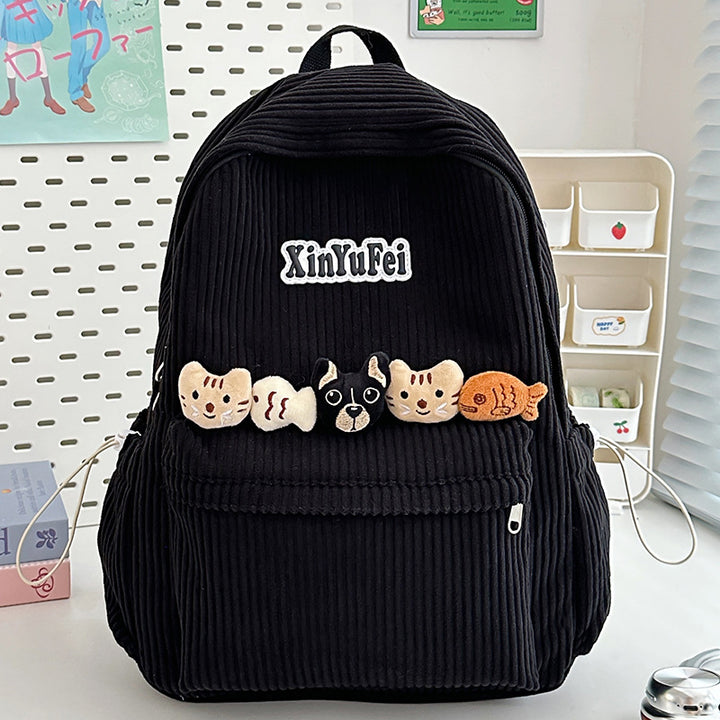 Corduroy Cat-Embellished School Backpack