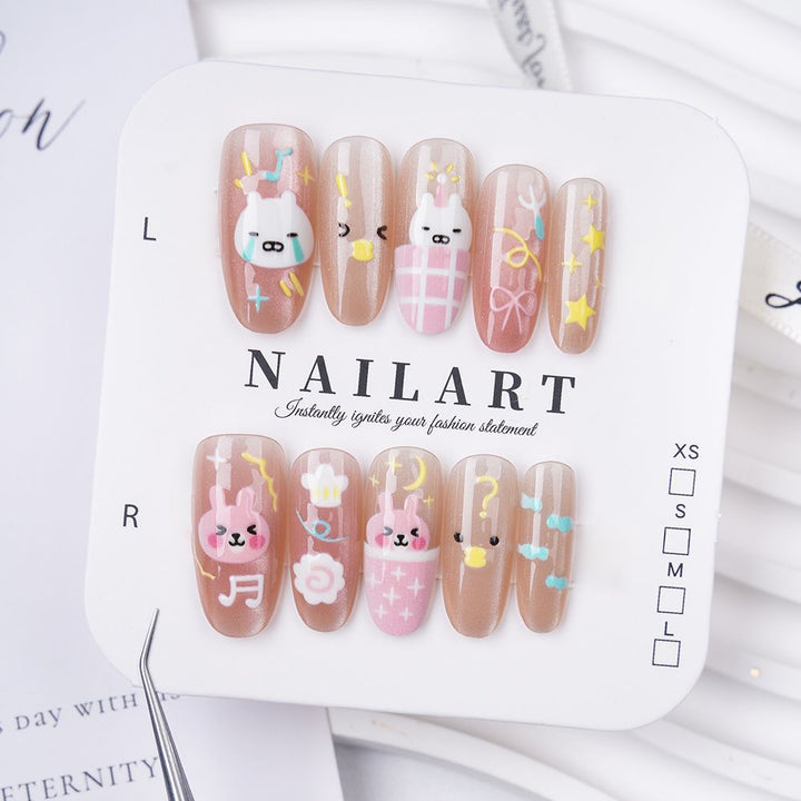 Artistic Press-On Nail Set with Cute Character Designs Bowlift