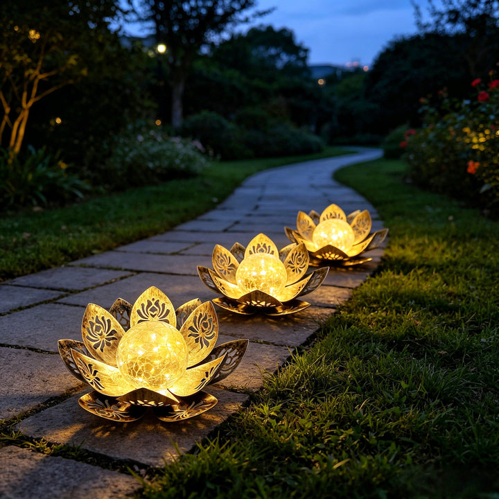 Decorative Lotus Solar Garden Light With Cracked Glass Orb Bowlift
