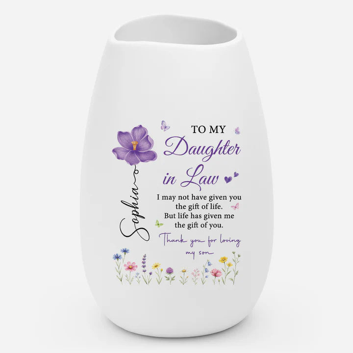 Personalized Ceramic Stemless Wine Tumbler With Floral "To My Daughter In Law" Message And Vertical Name Script
