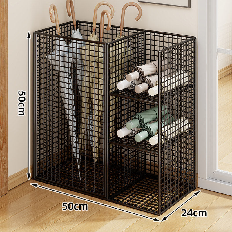 Metal Grid Umbrella and Folded-Umbrella Organizer Stand with Multi-Compartment Shelves