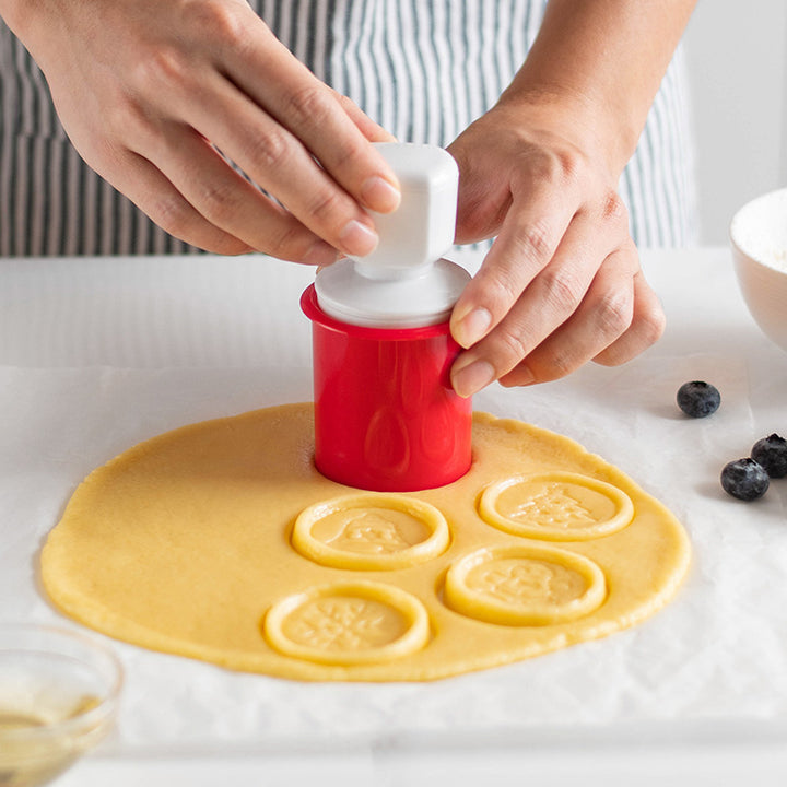 Interchangeable Round Cookie And Fondant Embossing Plunger With Multiple Patterned Silicone Discs