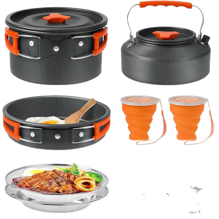 lightweight nonstick anodized aluminum camping cookware set with folding-handle pot and kettle, collapsible silicone cups, stainless plates and cutlery Bowlift