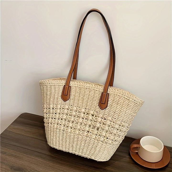 Handbag with Woven Design and Leather Handles Bowlift