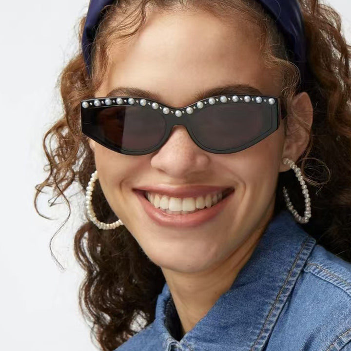 Women's Cat-Eye Sunglasses with Sparkling Rhinestone Accents and Animal Pattern Bowlift