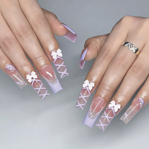 Elegant Bow-Embellished Long Press-On Nails Bowlift