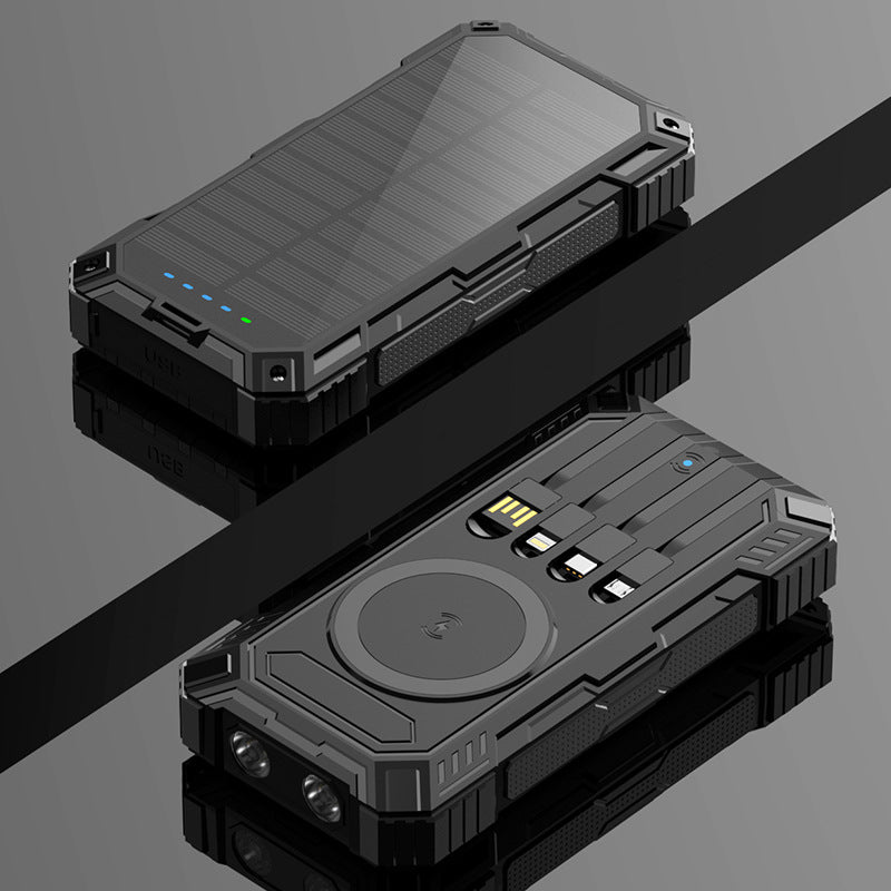 Robust Solar Power Bank with Multifunctional Charging Cable and Integrated Qi Charger Bowlift