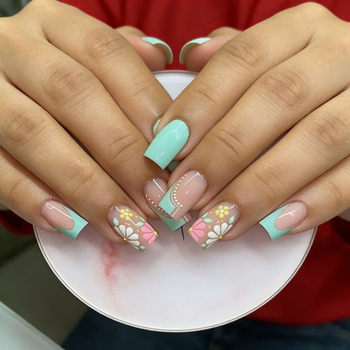 Floral Patterned Acrylic Nail Extensions Bowlift