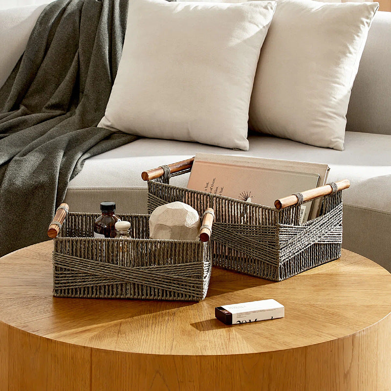 Handwoven Storage Basket with Wooden Handles Bowlift