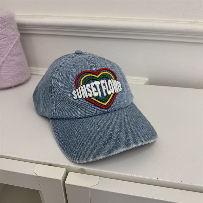 Women's Embroidered Heart Design Denim Baseball Cap Bowlift
