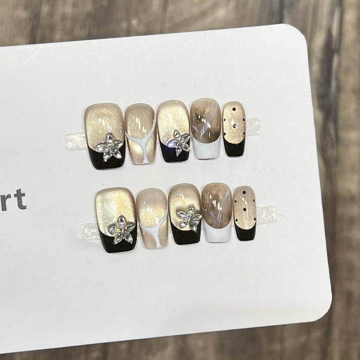 Elegant Press-On Nail Art Set with Floral Embellishments Bowlift
