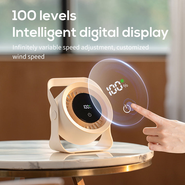 Unisex portable battery table fan with digital battery display, touch-sensitive power button, and adjustable stand