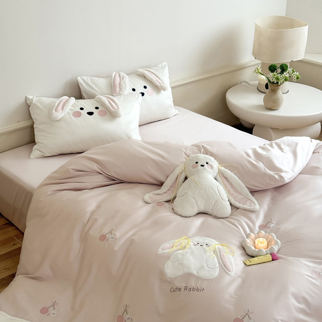 Cozy satin bedding with 3D rabbit appliqués