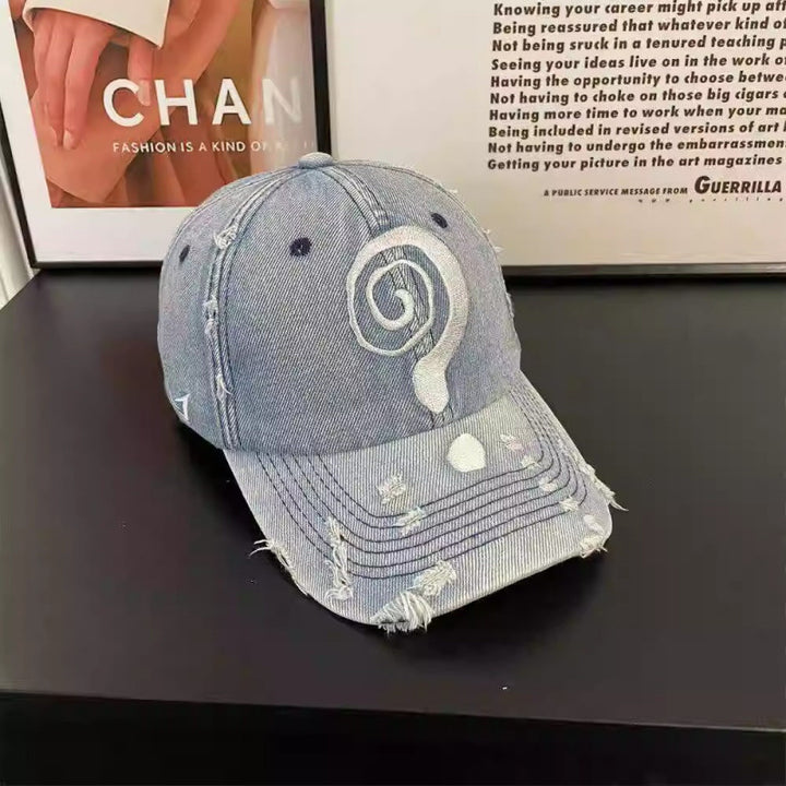Women's Distressed Denim Baseball Cap with Graphic Design Bowlift