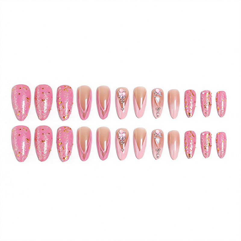 Artificial nail set with glamorous glitter and romantic flower decorations Bowlift