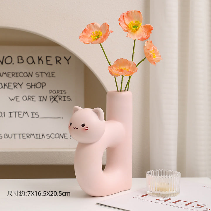 Ceramic Sculptural Cat Letter H Bud Vase With Tubular Mouth Minimalist Tabletop Decor