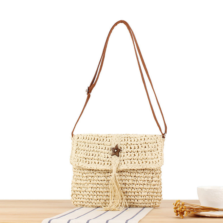 Handmade macrame shoulder bag with tassels and leather accents Bowlift